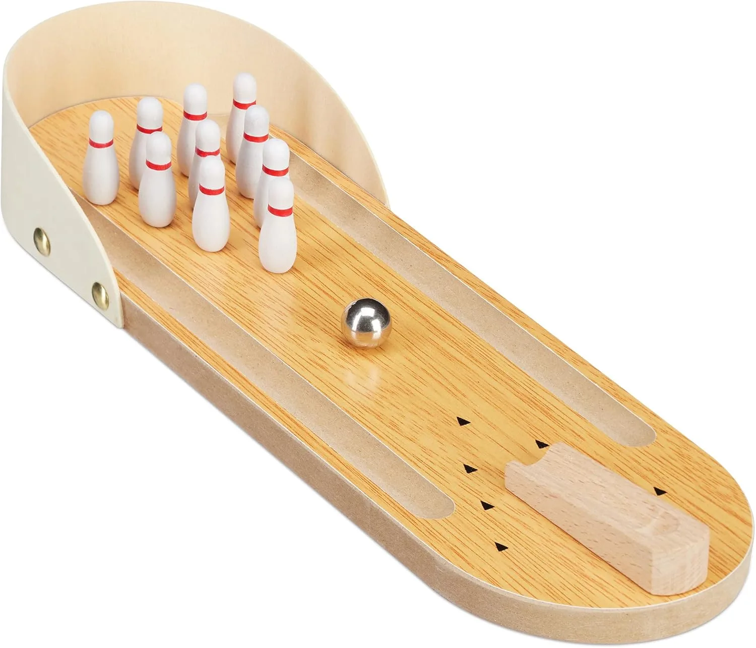 Relaxdays Tischbowling, Mini Bowlingbahn, Set mit 10 Pins, Geschicklichkeitsspiel, Erwachsene & Kinder ab 3 J., Natur