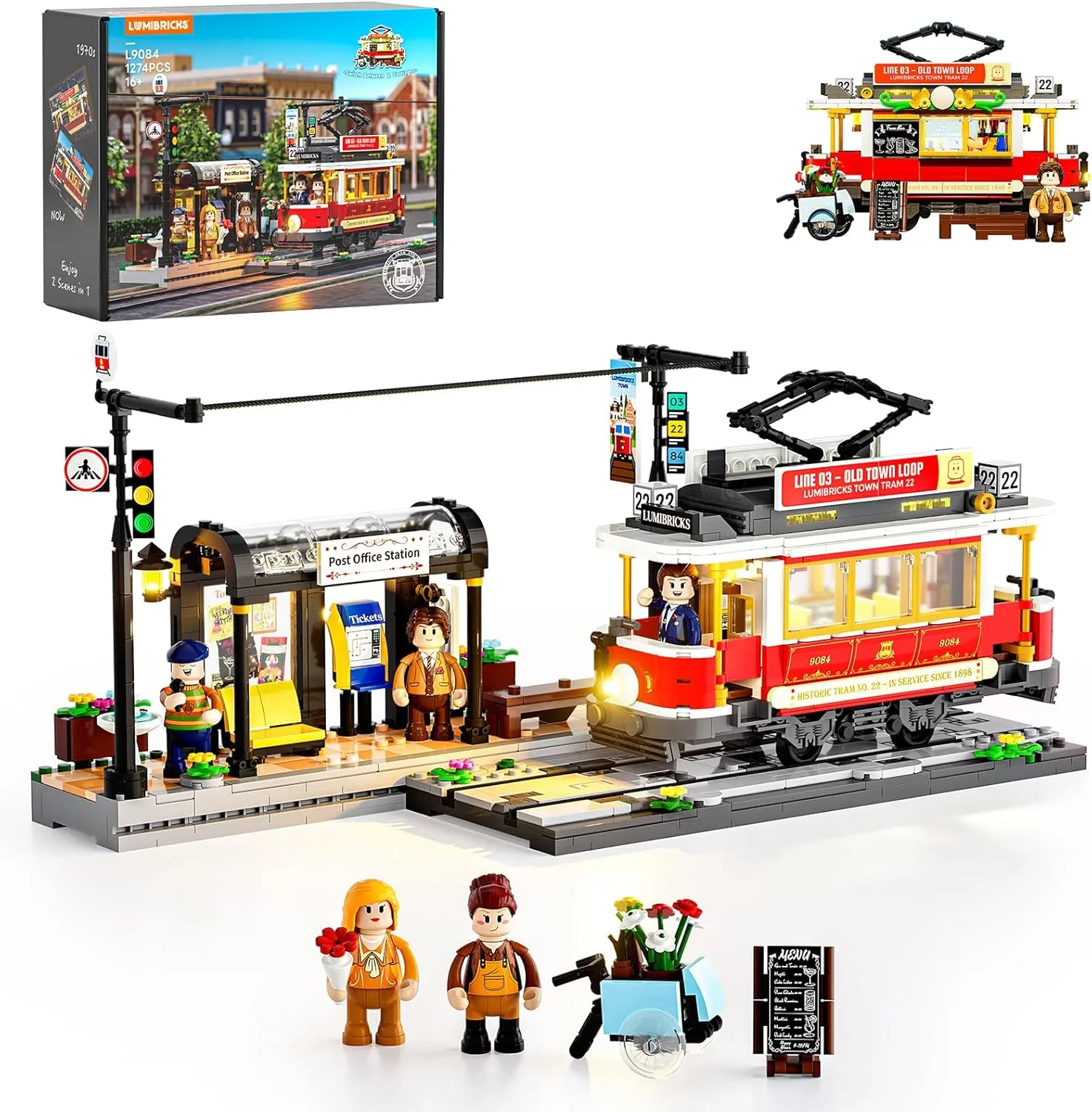 Lumibricks Heritage-Straßenbahn und -Haltestelle Bausatz mit Licht, Vintage-Dekor, mit 2 Szenen: Straßenbahn und Bar-Wagen, kompatibel mit Modular Buildings,1274Pcs,Alter 16+, L9084