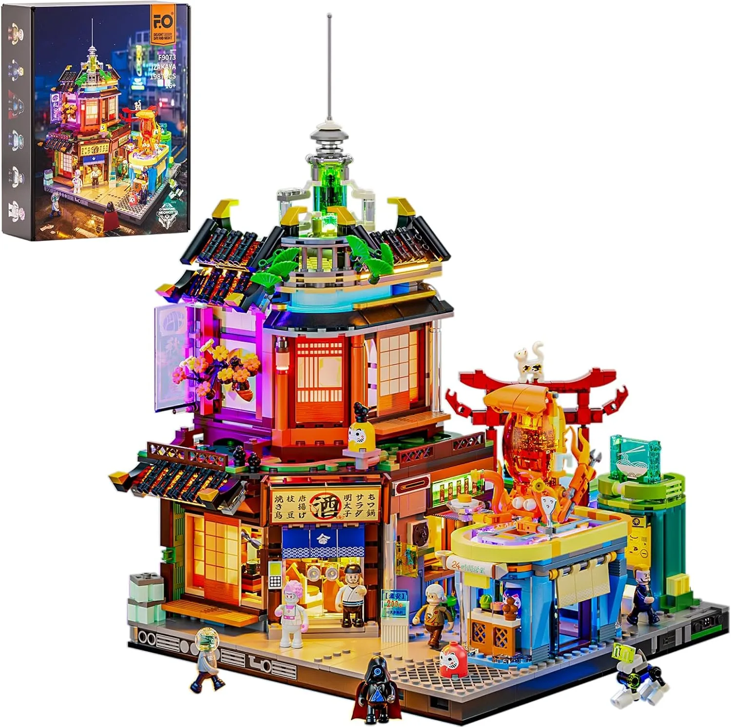 FUNWHOLE Cyberpunk Japanisches Izakaya Licht-Baustein Set – 1987 Teile Modularer Cyberpunk Neon-Stadt Zukunfts-Pub Japanische Straßenszene LED-Licht Modellset für Erwachsene und Sci-Fi-Fans