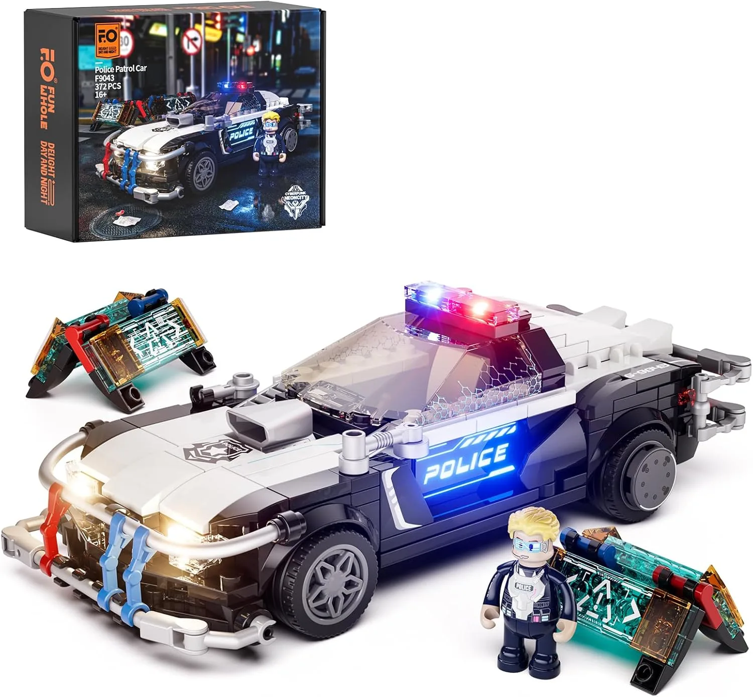 FUNWHOLE Polizeistreifenwagen Beleuchtetes Baustein-Set - Cyberpunk Stadt-Autojagd Spielset mit Polizist, 372 Teile, STEM Spielzeug für Erwachsene und Jugendliche