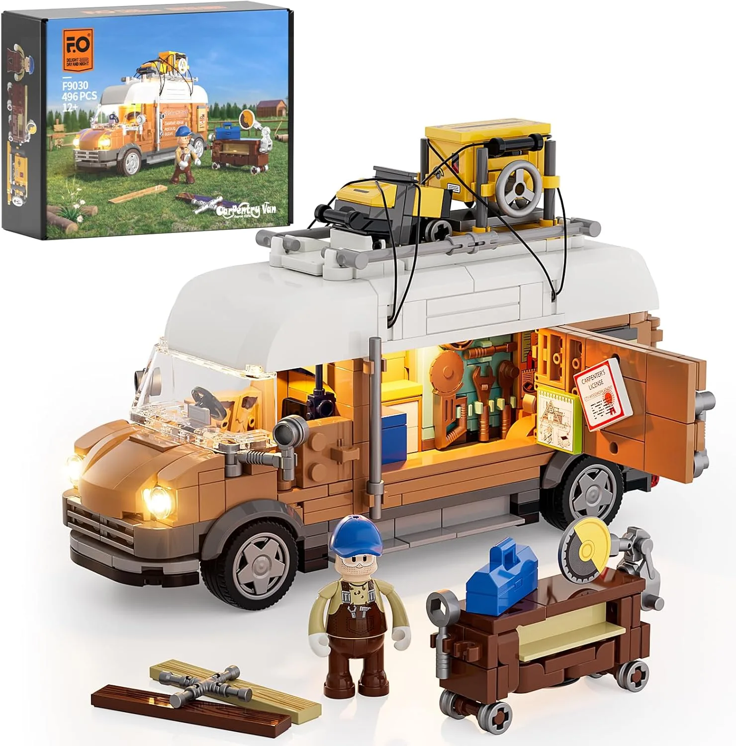 FUNWHOLE Schreinerwagen Beleuchtung Baukasten - Bauernholzarbeiter Technik Auto Sammlerstück Display Set 496 Teile für Erwachsene und Teenager