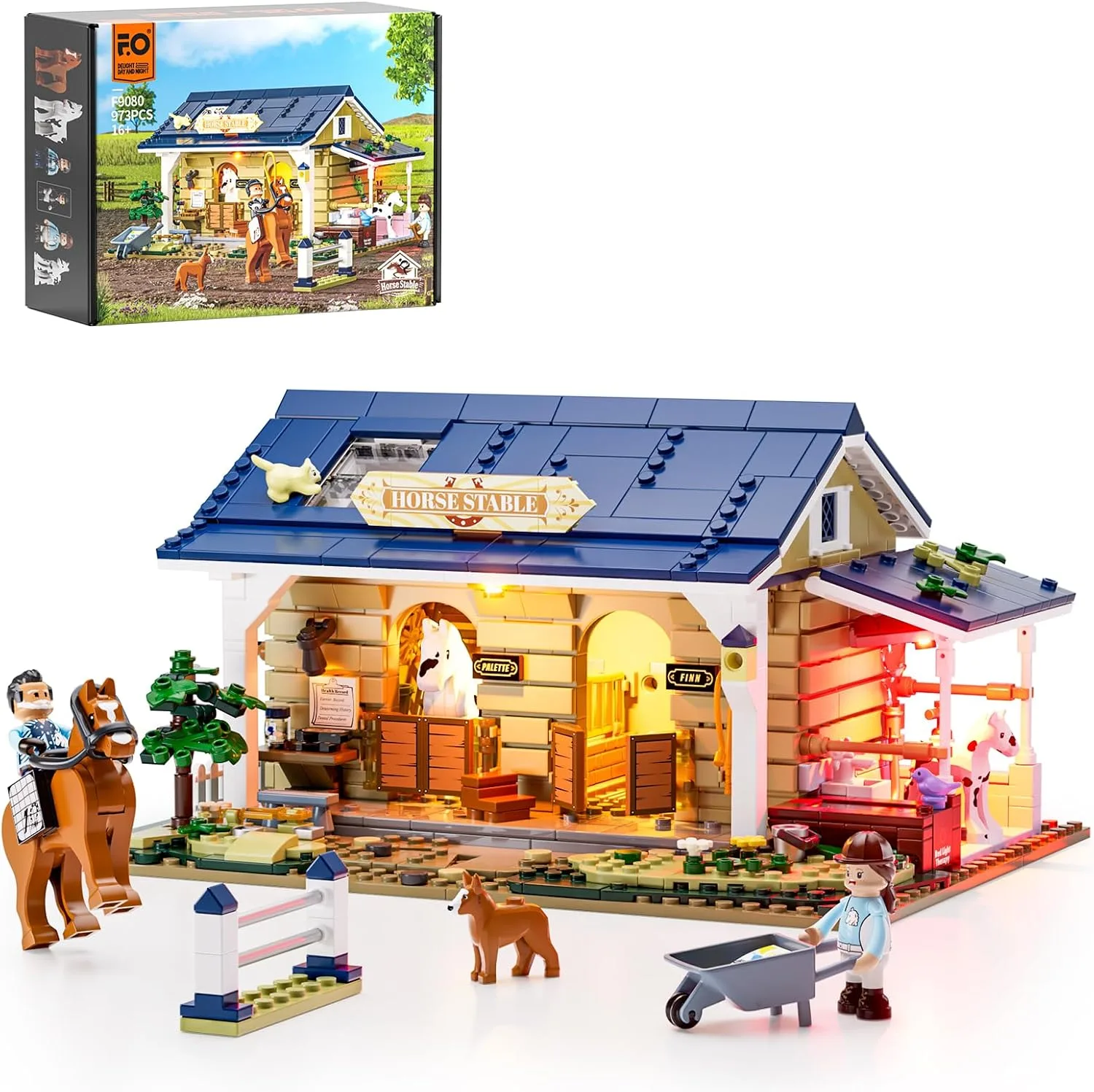 FUNWHOLE Pferdestall Beleuchtetes Baustein-Set – Farmhaus Kollektion LED Licht Tierstall Baukasten 973 Teile für Erwachsene und Jugendliche