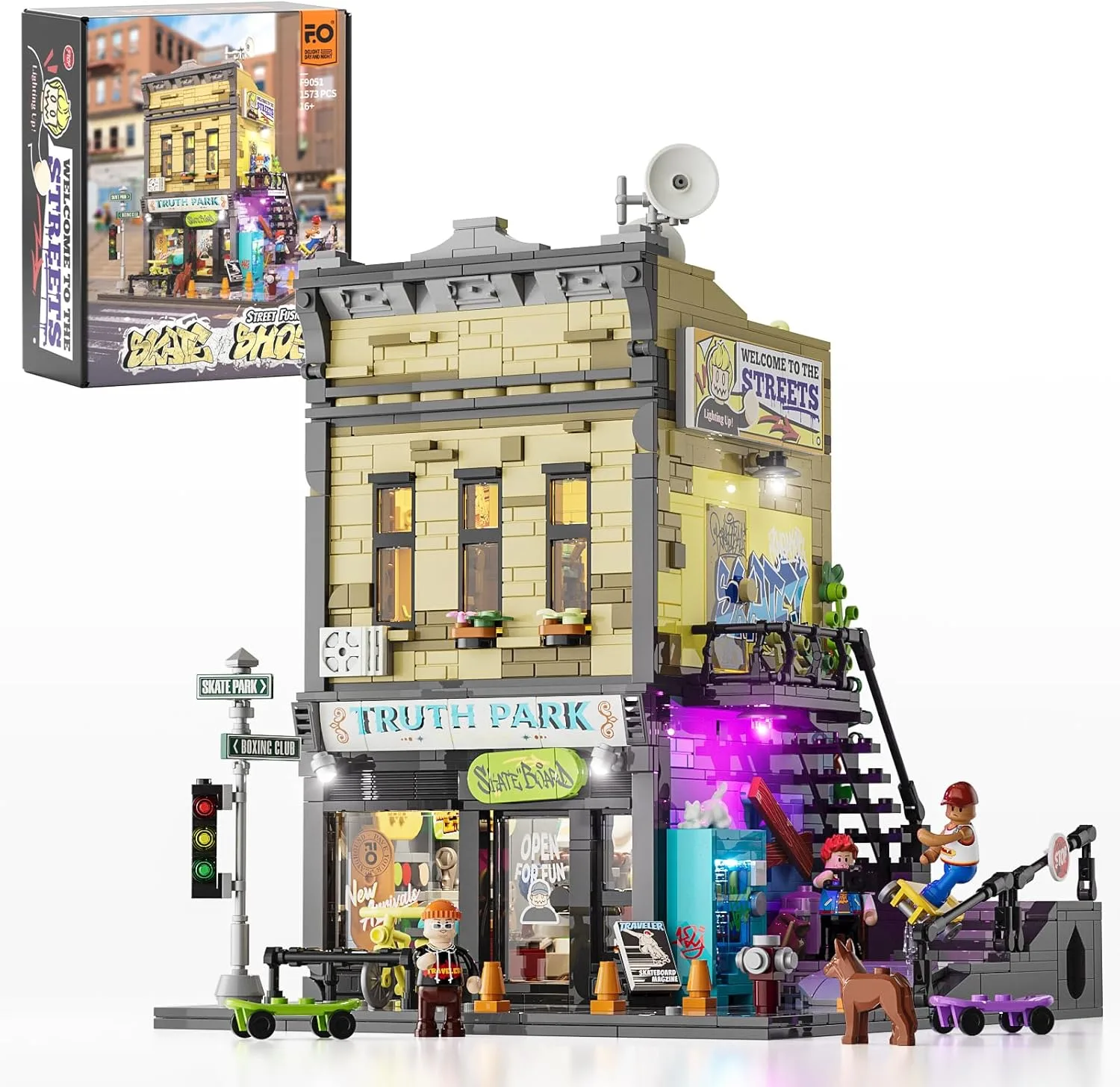 FUNWHOLE Skate Shop Bausteine Set mit LED Licht, 1573 PCS Bauklötze Straße Fusion Modell Klemmbausteine Spielzeug für Erwachsene und Jugendliche