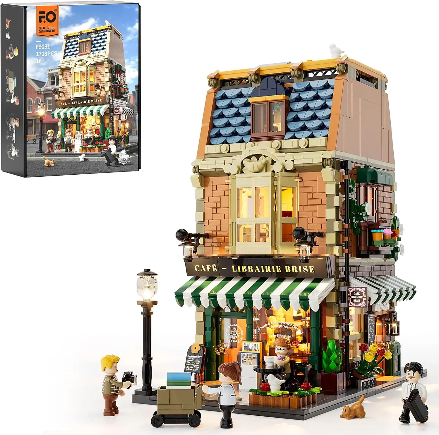 Funwhole Buchcafé Beleuchtetes Baukasten Set - Stadtkaffeehaus LED Licht Modularer BAU Modellsets 1718 Stücke für Erwachsene und Jugendliche