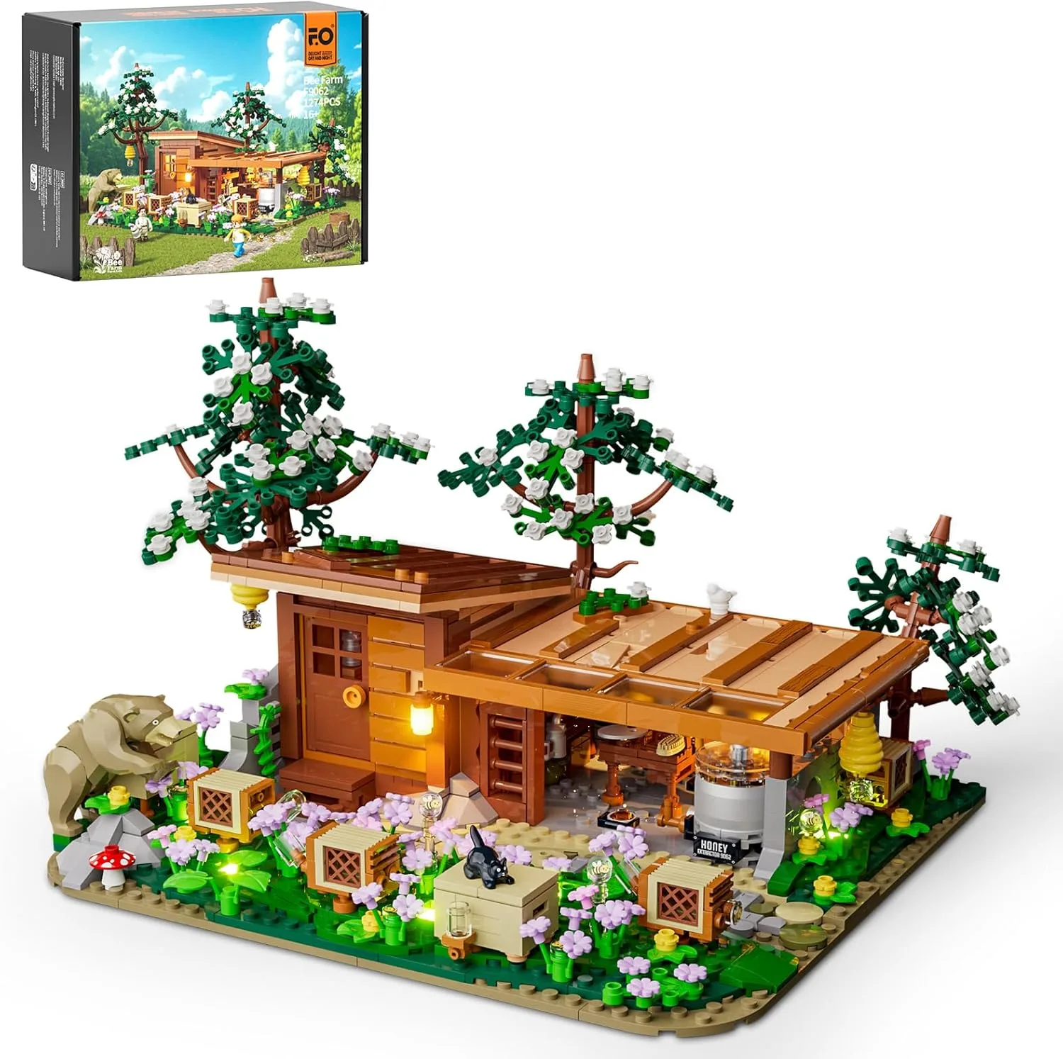 FUNWHOLE Bienenhof Beleuchtetes Baustein Set – Bauernhaus Bienenhütte Honigwerkstatt LED Licht Bausatz 1274 Teile für Erwachsene und Jugendliche