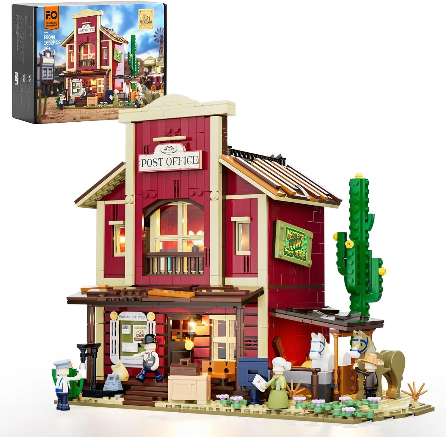 FUNWHOLE Old West Post Office Bauset 1692 Teile – Beleuchtetes Modell Einer Westernstadt, Sammlerstück mit 6 LED-Lichtern & detailreichen Geschichten