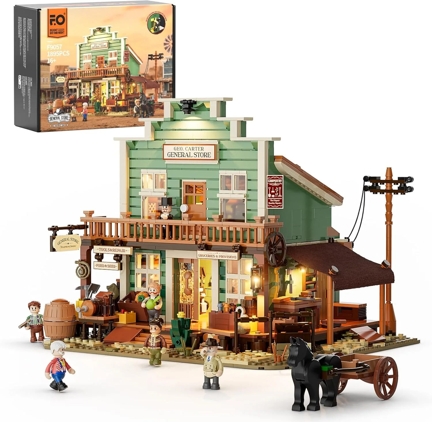 FUNWHOLE Western General Store Beleuchtetes Bauklötze-Set – 1895 Teile Die Alt-West-Stadt-Kollektion Display-Set für Erwachsene und Western-Liebhaber