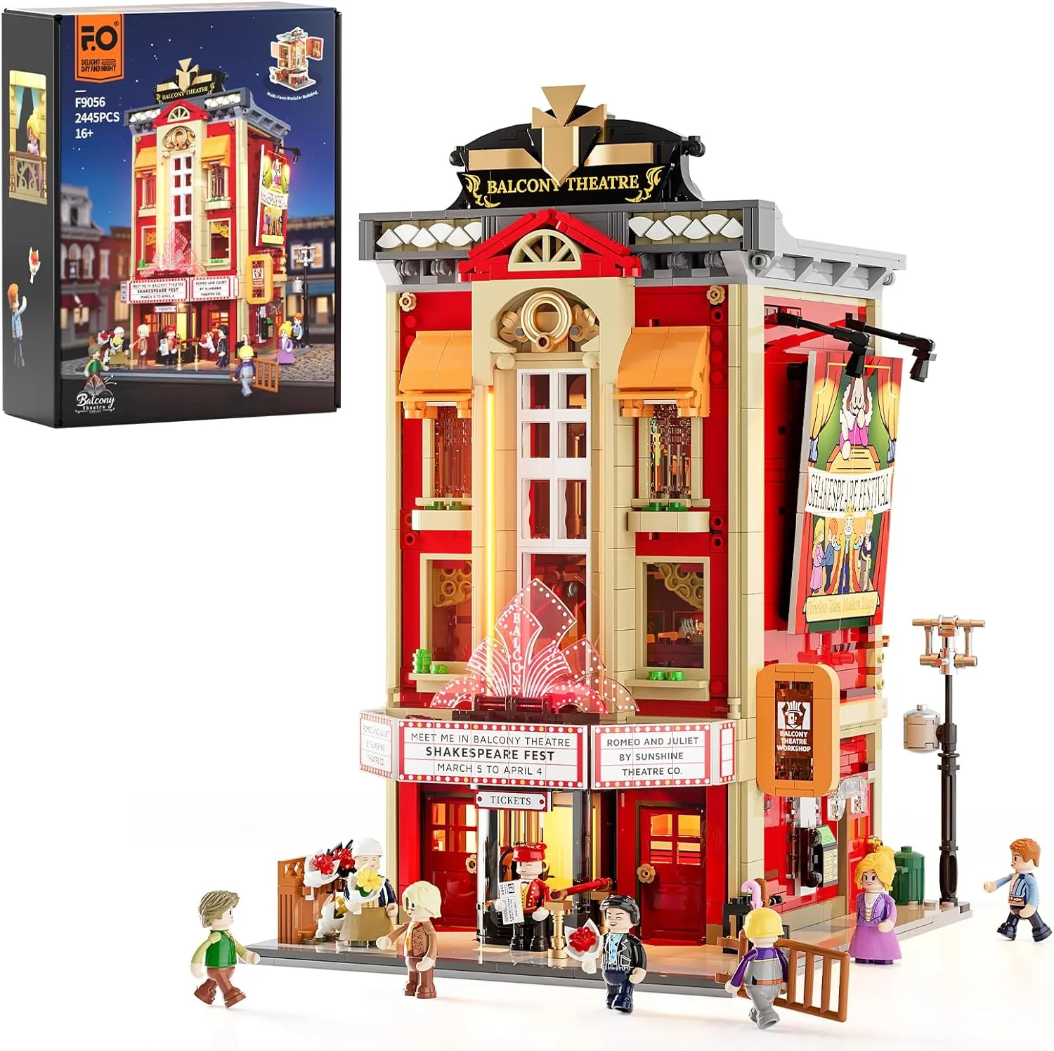 FUNWHOLE Balkon-Theater Beleuchtung Klemmbausteine Haus – mit Szene aus einem Klassischen Shakespeare-Stück, 2445 Pcs, Sammler-Set&Kreatives Stadt-Haus-Modell für Erwachsene & Jugendliche,F9056