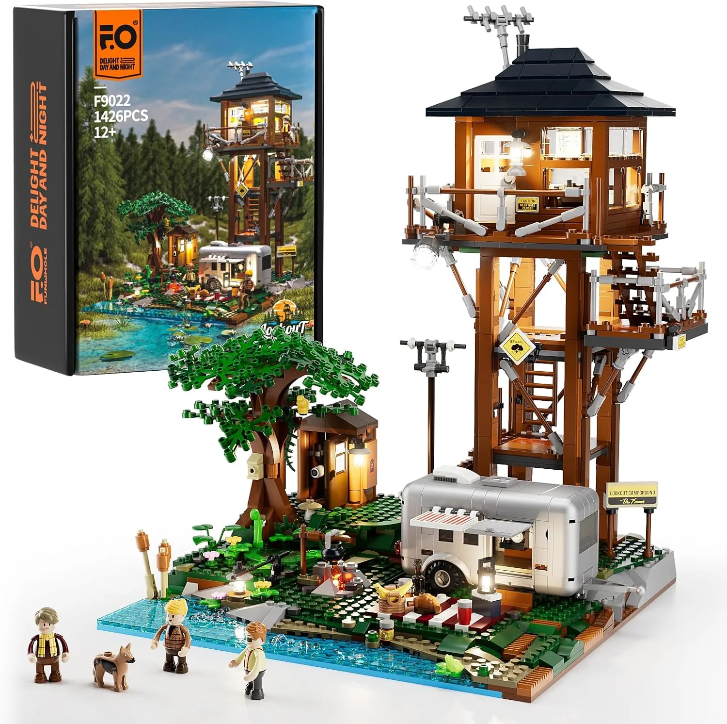 FUNWHOLE Observation Tower Tent Site Construction Set with LED Lighting, 1426 Pieces Retro Tower Camping Model Building Blocks Camper Van and Forest Building Kit Toy for Adults and Teenagers