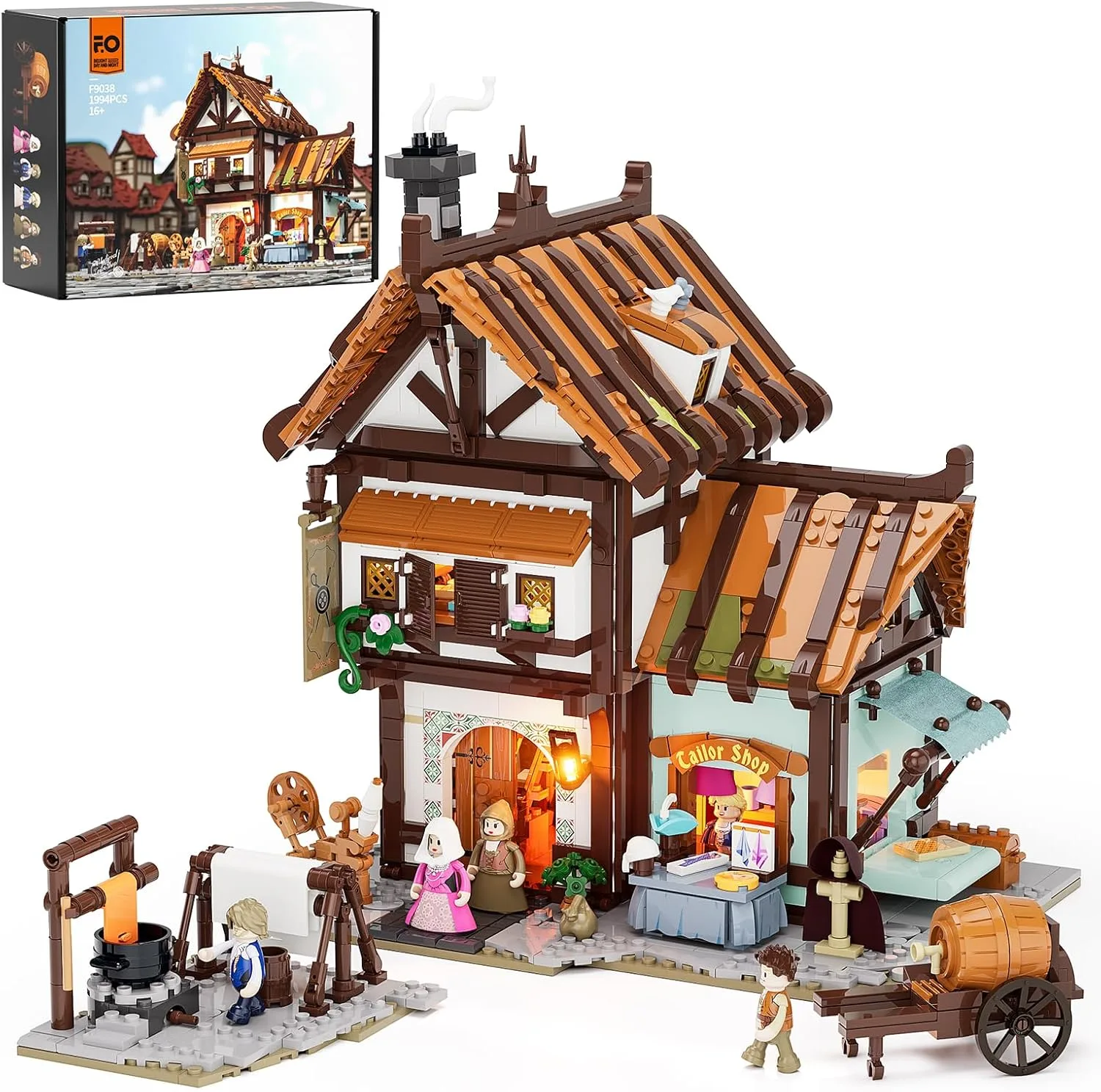FUNWHOLE Mittelalterliche Schneiderwerkstatt Leuchtendes Bauset - Modulares Sammlerstück für Erwachsene & Jugendliche, 1994 Teile - Heimdekoration, Stressabbau