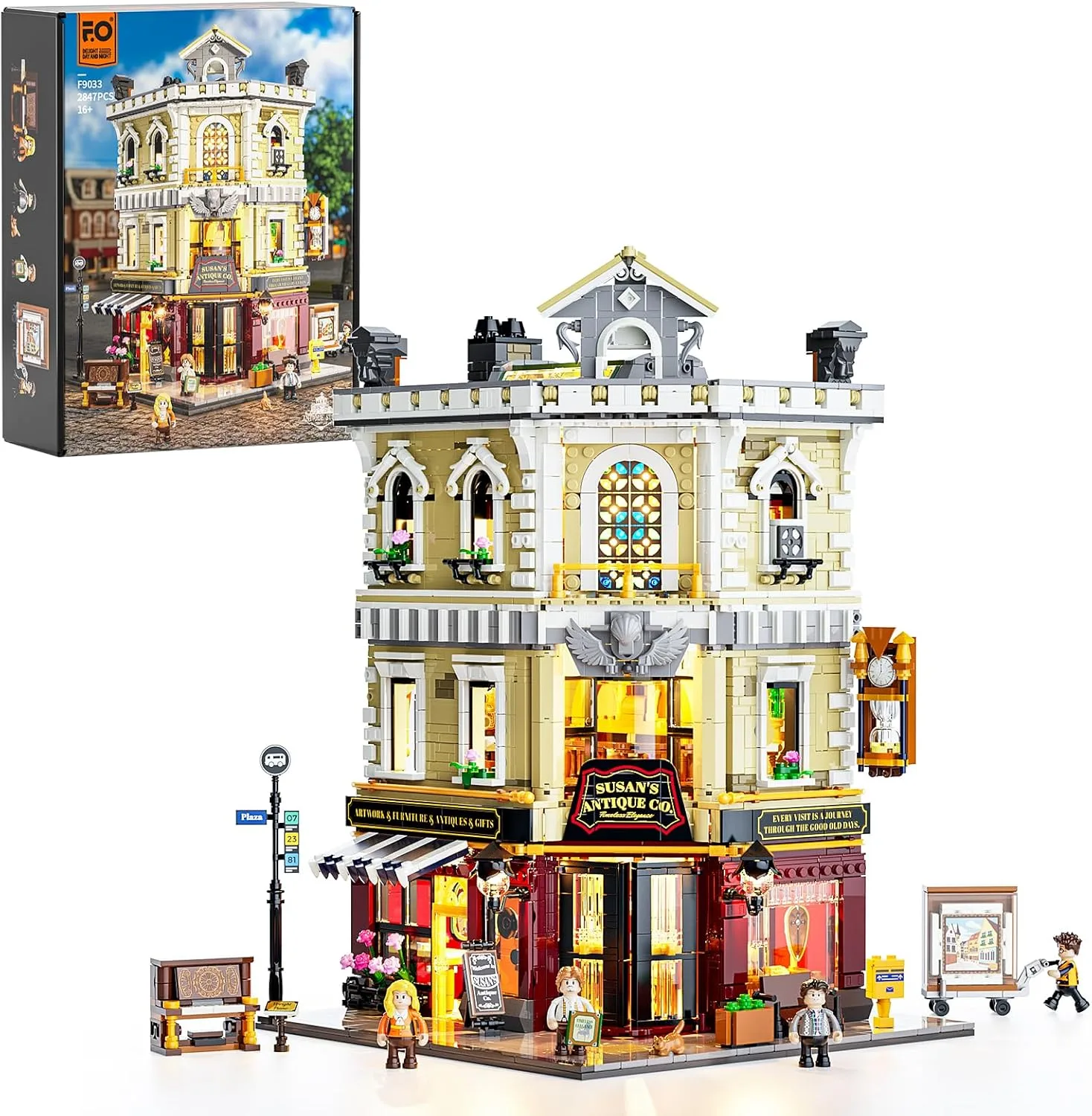 Funwhole Antiquitätengeschäft Beleuchtung Bausteinset - Stadtleben Eckladen LED-Licht Baukasten Modellset 2847 Stücke für Erwachsene und Jugendliche,F9033