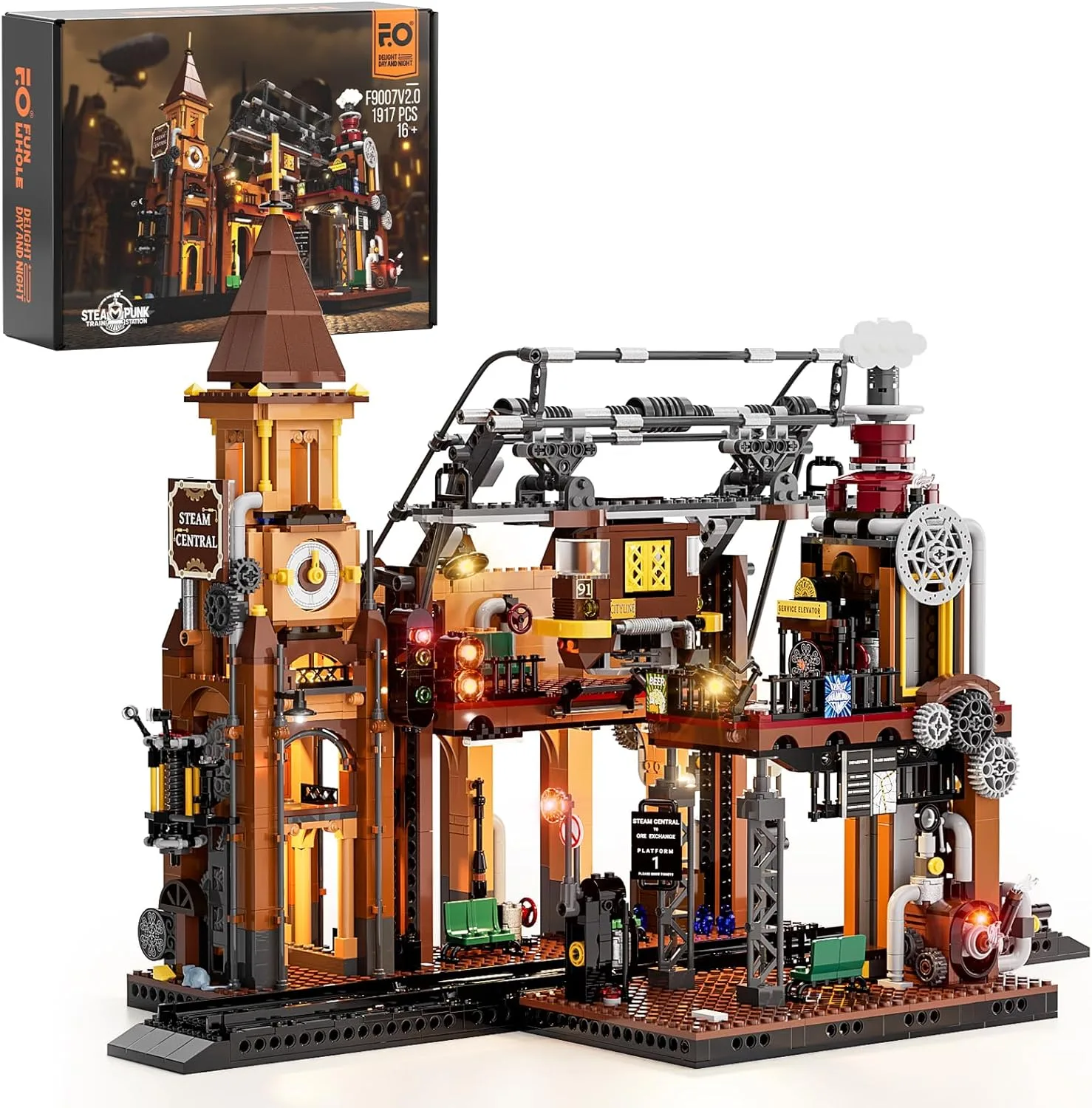 FUNWHOLE Bahnhof Beleuchtungs-Bauklötze Set - 1917 Teile LED-Beleuchtungs-Modular-BAU Modell Set für Erwachsene und Jugendliche