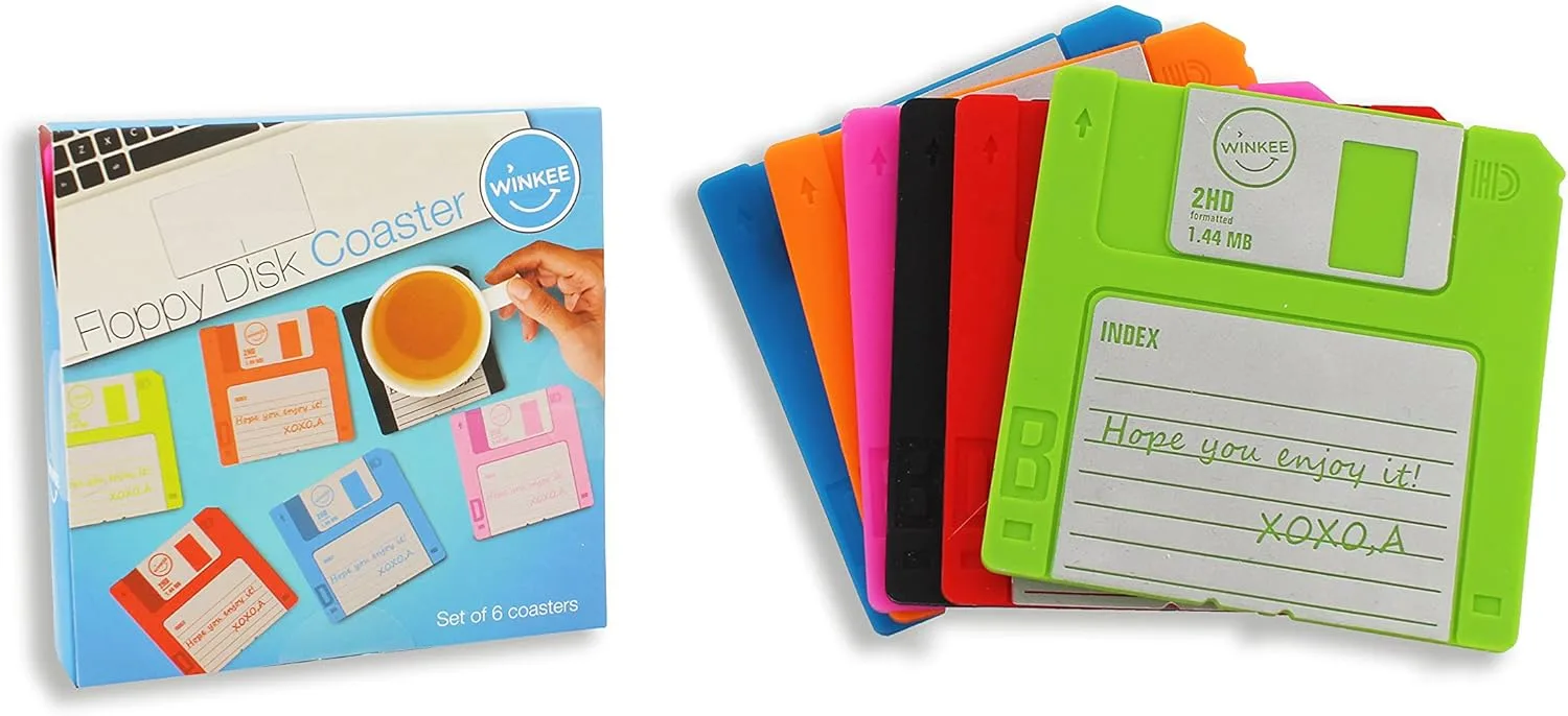 Winkee - 6 Retro Glasuntersetzer in Disketten Design Multicolor | Floppy Disk Coasters | Silikon Untersetzer für Gläser | Bierdeckel in Disketten Look | Geschenk für Weihnachten, Geburtstag, Party