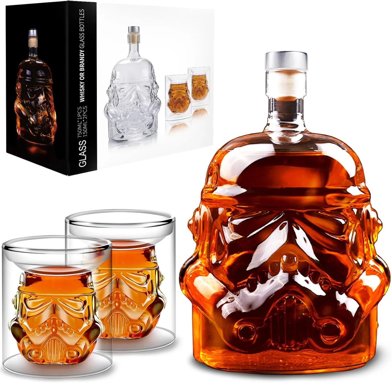 Whiskyflasche Karaffe Dekanter mit 2 Gläsern, Whiskygläser, Whiskykaraffe für Wein, Likör, Scotch, Bourbon, Brandy, 750 ml