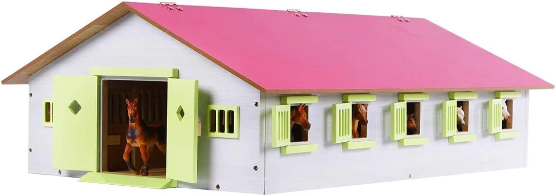 Kids Globe Farming Reiterhof rosa Bauernhof Pferdestall Holz 1:32 mit 9 Boxen, Spielzeug Pferdehof, mit praktischem Faltdach, für alle gängigen Tierfiguren 610188