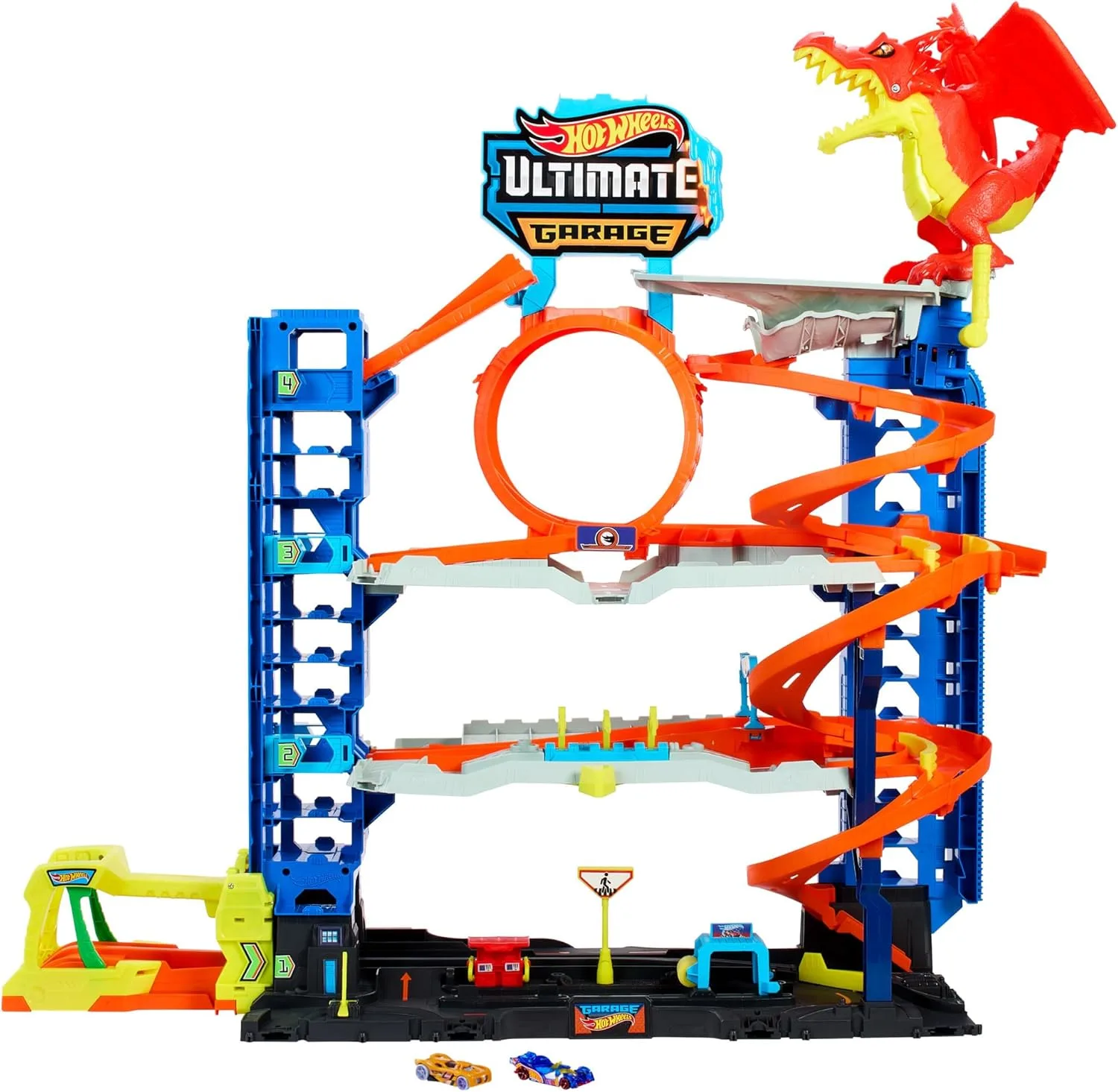 Hot Wheels Let's Race Netflix - Ultimative Garage - Mehrere Ebenen Parkgarage, 3ft hoch, mit 2 Die-Cast-Autos, ab 5 Jahren, Rennspaß, Stunt-Abenteuer, Drachenkampf, Autowaschanlage, Fahrstuhl, HKX48