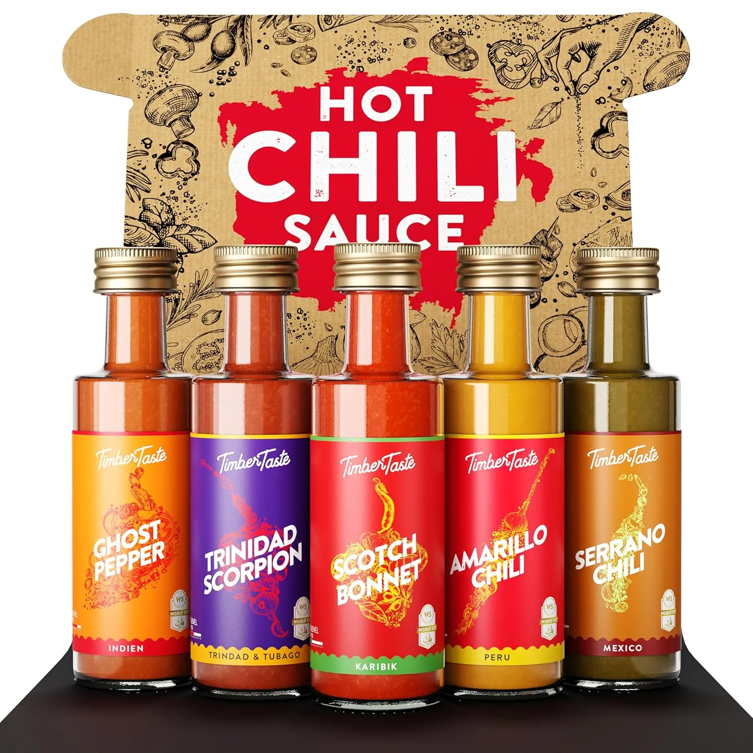 TIMBER TASTE® Chili Sauce Geschenkset [5 x 40 ml] | Exotic Hot ones Saucenset | Scharfe Soßen Geschenk Set | Geschenke für Männer & Frauen | Scharfe Lebensmittel Geburtstag | Barbecuesauce