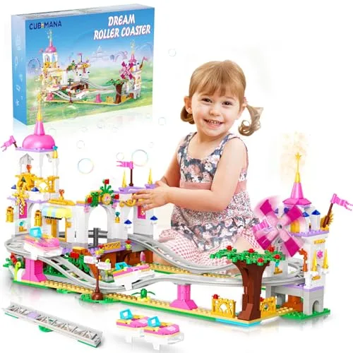 CUBIMANA Freund Achterbahn Baukasten - 719 Stück Mädchen City Vergnügungspark Achterbahn Baukasten Spielplatz Windmühle Bau Geburtstag Geschenk Spielzeug für Kinder Mädchen Jungen Alter 6 7 8 9 10 11+