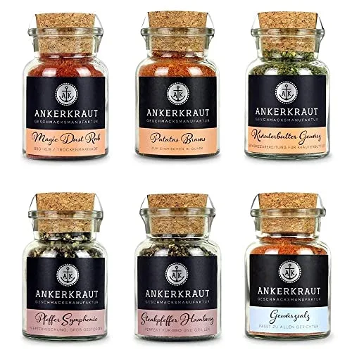 Ankerkraut Grill Set 6 Gewürze, das BBQ Starter-Set für leidenschaftliche Griller und Grillerinnen, Geschenk für Männer und Frauen, mehr als 0,5kg Gewürze, 6 Gewürzgläser enthalten