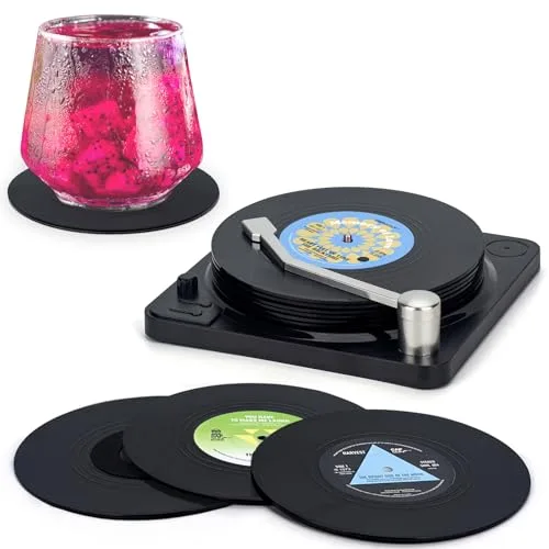 Valdivia Retro-Vinyl-Schallplatten Untersetzer mit Spieler, 6 Stück Untersetzer Gläser für Getränke, Bars, Cafés, Haus, Party, Büro, Coole Wohnkultur und Lustige Männer Geschenke