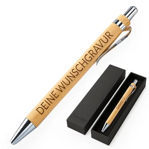 MAJVI Personalisierbarer Hochwertiger Kugelschreiber aus Holz mit Gravur – Nachhaltiger Holzstift – Geschenk für Lehrer, Kollegen, Abschluss, Vatertag – Eleganter Gravurstift mit Wunschtext (Bambus)