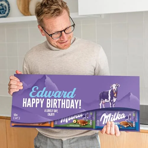 Riesen Milka Schokoladentafel personalisiert mit Botschaft - Geburtstagsgeschenk für Männer und Frauen, personalisierte Geschenke mit Milka Schokoladentafeln (12 Tafeln)