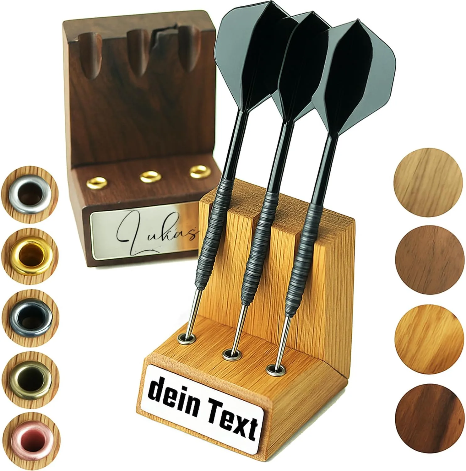 WaveB4 Dartpfeil Halter personalisiert aus Holz mit Gravur – handgemacht aus Eiche oder Nussbaum | Darthalter für 3 Dartpfeile | Geschenk für Dartspieler | Steel- & E-Dart