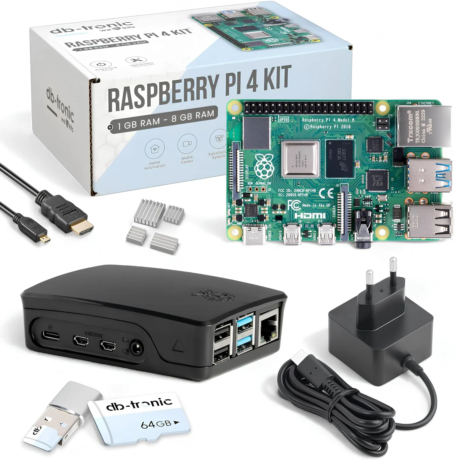 Raspberry Pi 4 8GB Starter-Kit | 64GB Black Edition | Offizielles Netzteil 15W | Offizielles Gehäuse | 4k Micro HDMI Kabel | Kühlkörper Set | USB-Kartenleser