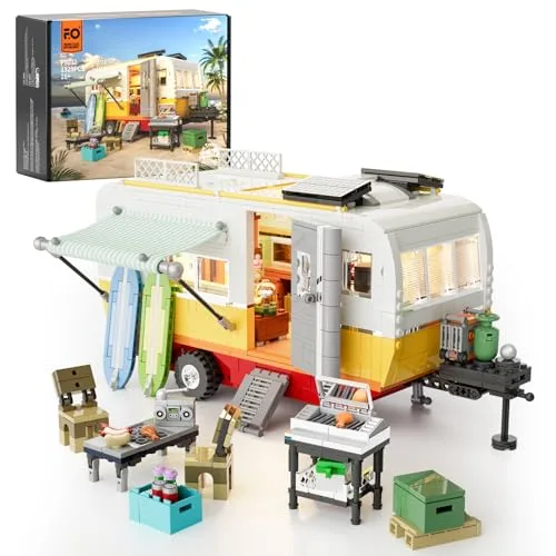 FUNWHOLE Reisemobil Beleuchtung Bauklötze Set - Klassischer Camper Van für den Strand LED Licht BAU Modell Set 1325 Teile Fahrzeug Kit für Erwachsene und Jugendliche