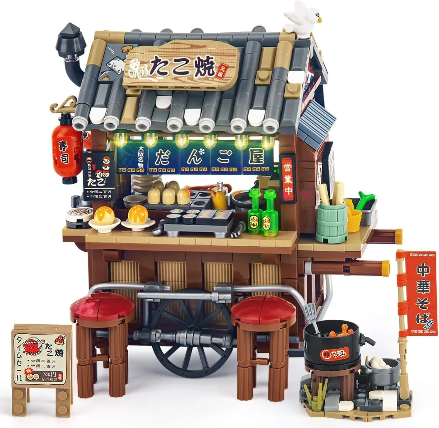 HIGH GODO Japanisch Straßenstand Tako-Yaki Karren Shop Mini Bausteine, 951 Teile Japan Straßenansicht Deko Modell Klemmbausteine Set, Creative Ostern Geschenke für Sammler Erwachsene oder Jugendliche