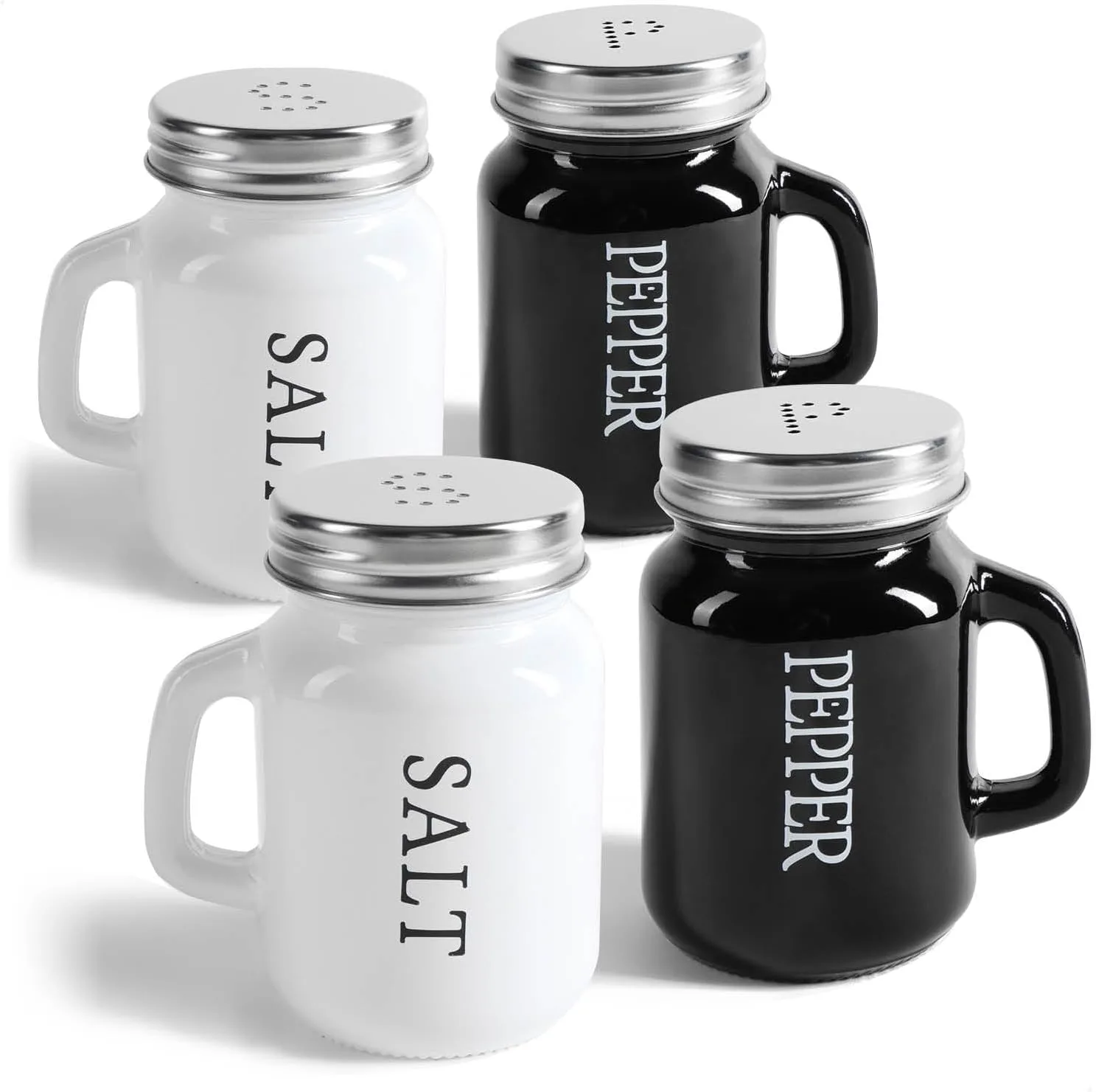 com-four® 4-teiliges Salz- und Pfefferstreuer-Set - Gewürzstreuer mit Schraubdeckel und Henkel - Gewürzglas in Bierkrug-Form mit Aufschrift - moderne Schüttler (4-teilig - Glas schwarz/weiß)