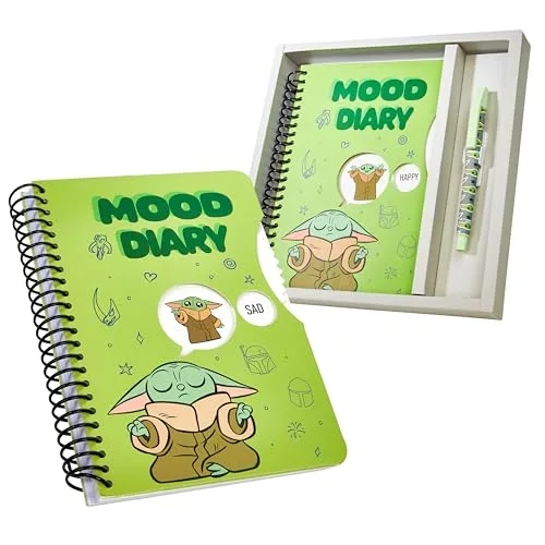 Disney Mandalorian Notizbuch Mädchen - Baby Yoda Gefühle Buch Kinder mit 82 Seiten 21x15x1cm - Star Wars Geschenke (Grün Baby Yoda)