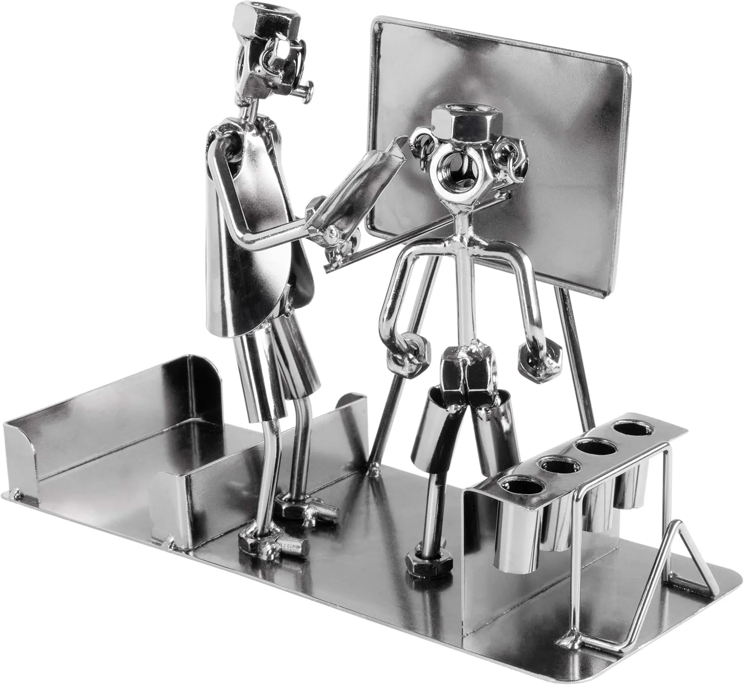 BRUBAKER Schraubenmännchen Lehrer mit Stiftehalter - Handarbeit Eisenfigur Schule Metallmännchen mit Visitenkartenhalter und Fach für Notizzettel - Metallfigur Geschenkidee