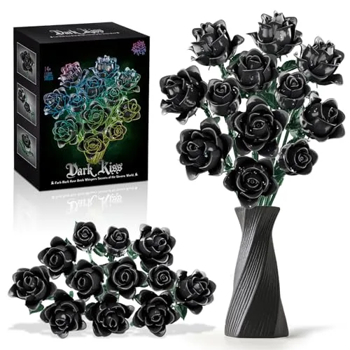 Klemmbausteine Blumen, Schwarzer Rosen Blumenstrauß Bausatz, 12 Kunstblumen als Zimmer-Deko, Rosenstrauß Geschenk für Partner, Freundin oder Freund, Künstliche Rose Blume Flowers Set für Erwachsene