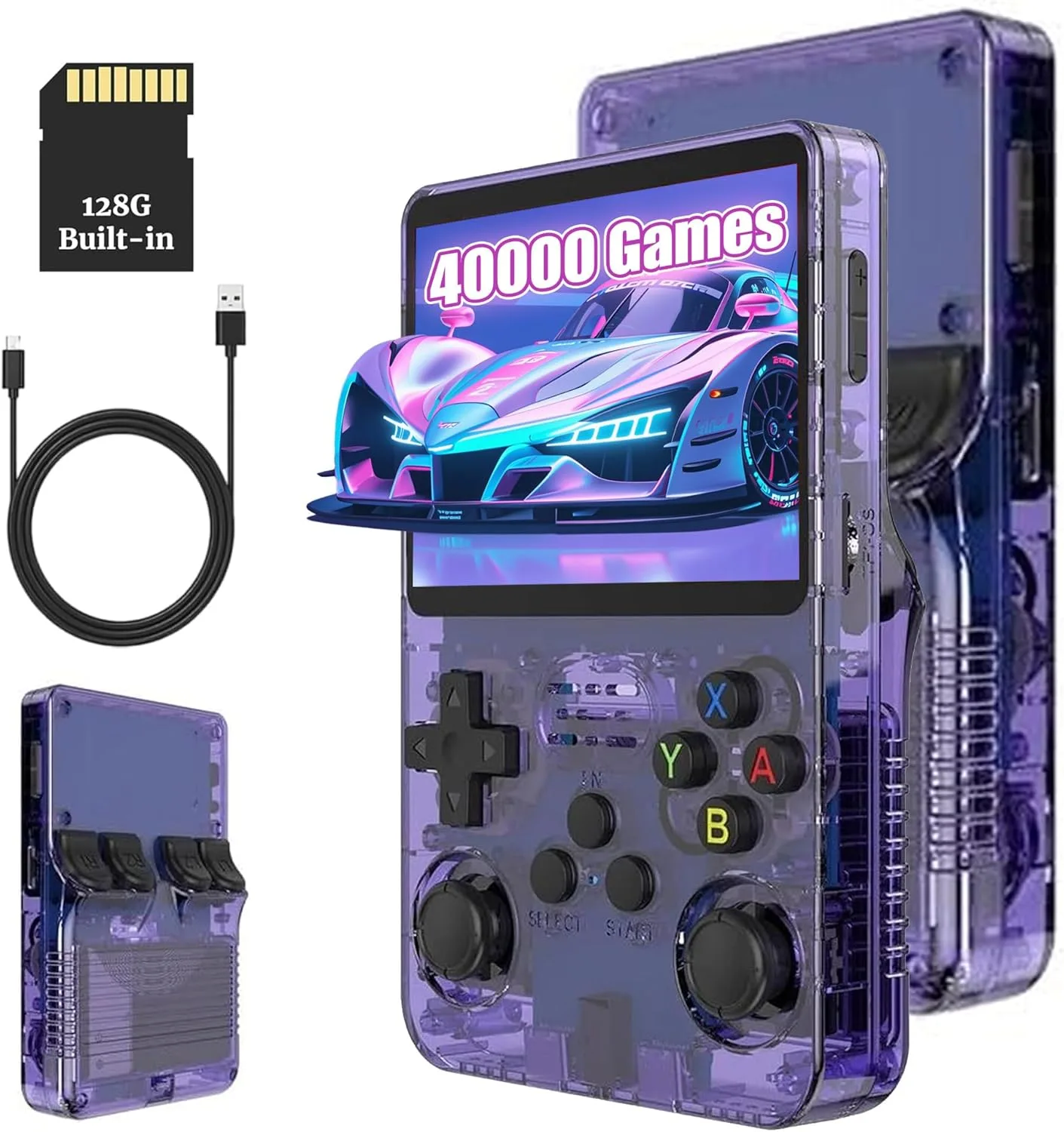 KINMRIS R36S Retro Handheld Spielkonsole, Retro Konsole 3,5-Zoll-IPS-Bildschirm, 128 G über 40.000 Spiele, tragbare Spielkonsole für Kinder und Erwachsene, unterstützt mehrere Emulatoren (Lila)