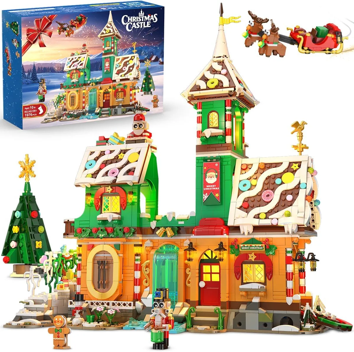 2025 Weihnachten Schloss Bausatz mit Licht - 3 Stil Weihnachts Lebkuchenhaus Klemmbausteine Bausteinspielzeug mit Weihnachtsmann Weihnachtsbaum, Geschenk für Erwachsene Kinde Jahren 10+ (1976 Stück)