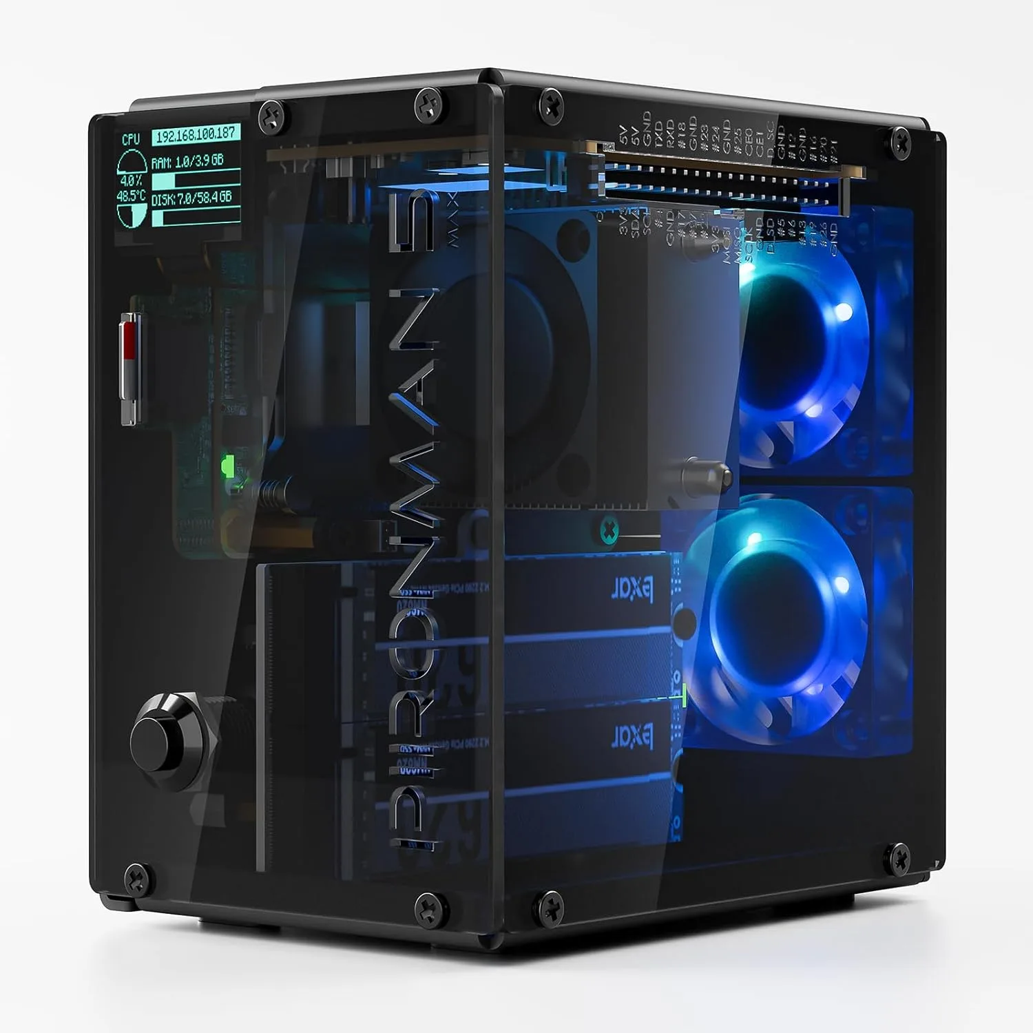 Pironman 5-MAX Dual NVMe M.2 SSD PCIe-Gehäuse für Raspberry Pi 5 NAS RAID 0/1 AI-Beschleuniger Hailo-8L PWM-Tower-Kühler+Dual RGB-Lüfter 0,96"OLED-Modul Sichere Abschaltung HDMI (RPI5 nicht enthalten)