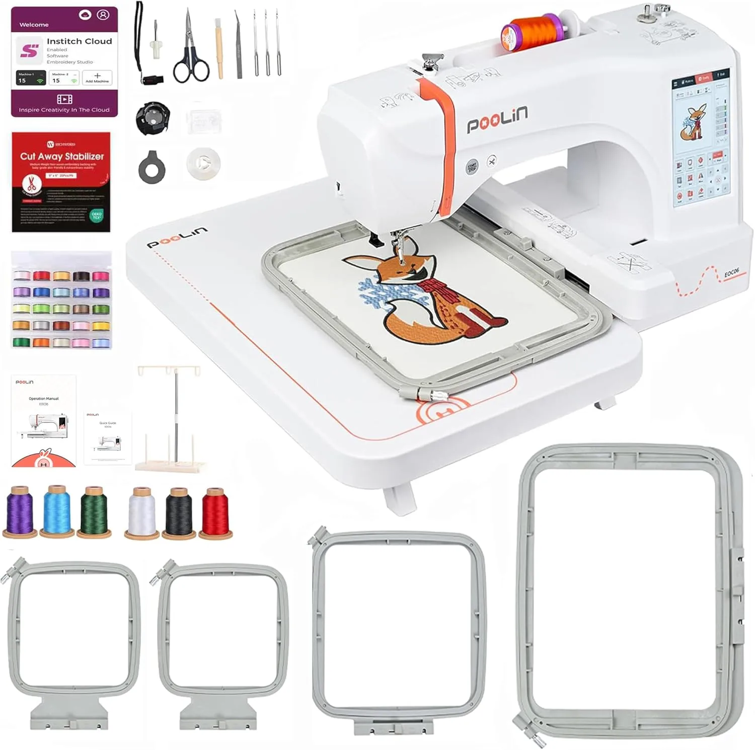 POOLIN EOC06 Stickmaschine 20 x 28 cm Stickfläche,Computergesteuerter 18 cm LCD-Touchscreen, Buchstabenstickerei und Kombinationsstickerei Durchführen,Faden,Stabilisator, Spule,USB,WIFI,Geschenk