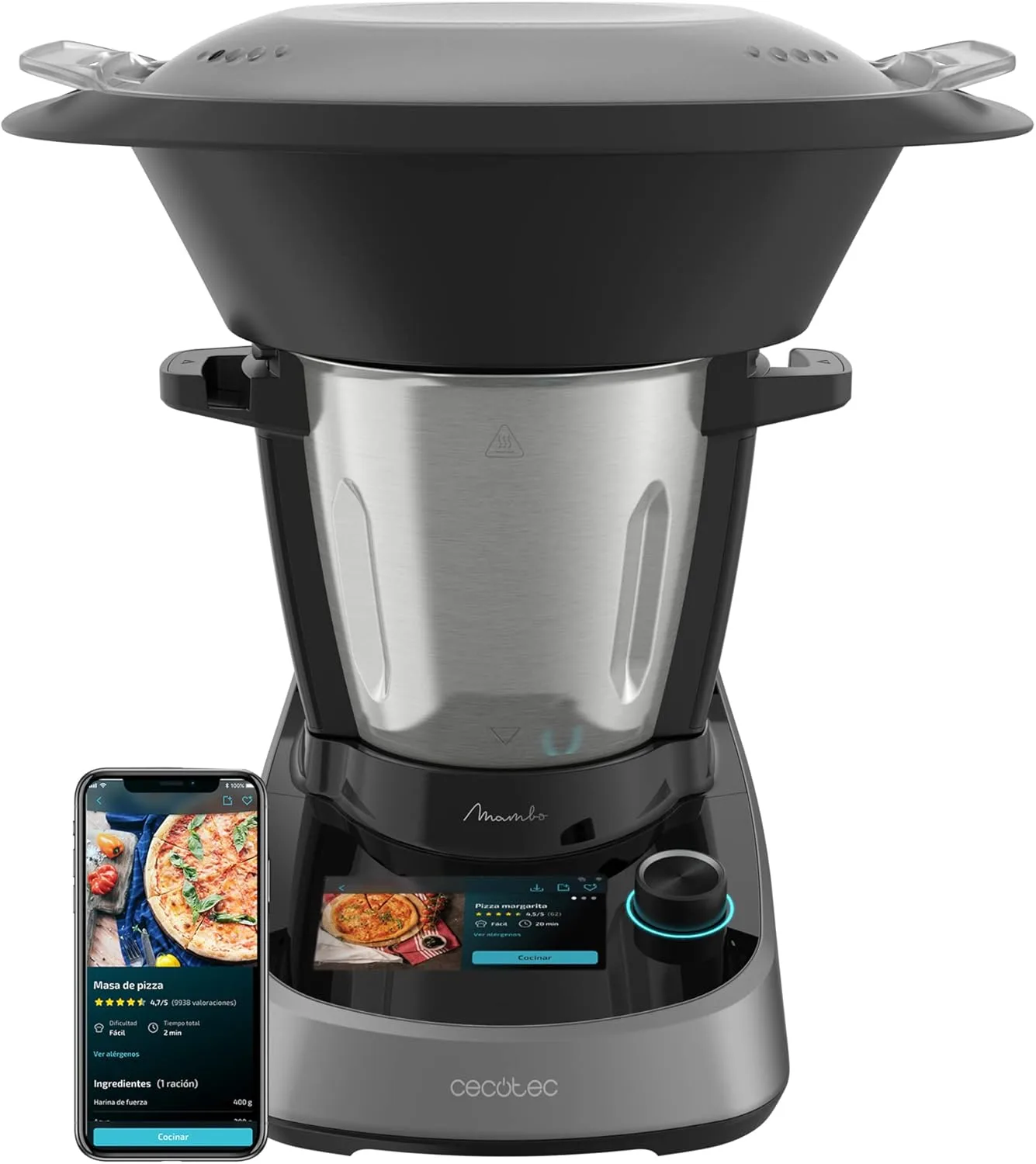 Cecotec Multifunktionsküchenroboter Mambo Touch, 1600 W, 37 Funktionen, 5-Zoll-TFT-Touchscreen mit integriertem Rezeptbuch, 3,3 Liter Fassungsvermögen, App, Waage und Edelstahlkrug