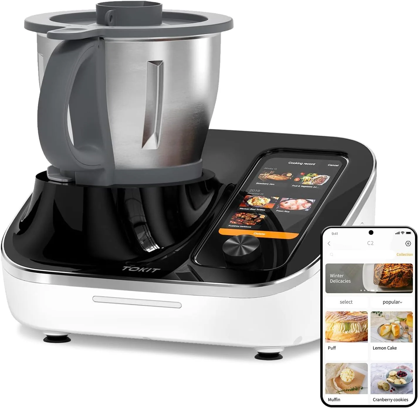 TOKIT Omni Cook C2 Roboter All-in-1 Küchenmaschinen mit 21 Kochfunktionen Eingebauter 7'' Touchscreen Geführte Rezepte Vorreinigen, Zerkleinern, Entsaften, Mixen, Wiegen, Sous-Vide, Ice Crush und mehr