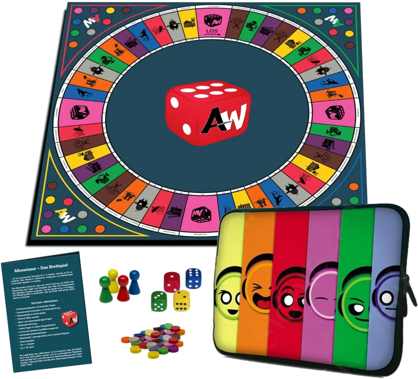 Alleswisser - Das Brettspiel mit App, interaktives Quiz-, Wissens- und Familienspiel für iOS und Android mit Tasche im Familie-Layout