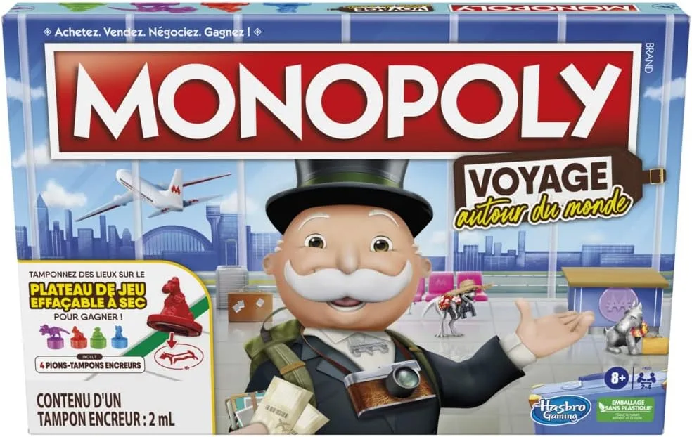 Monopoly Hasbro Reise um die Welt, für Familie und Kinder, ab 8 Jahren, mit Stempelsteinen und trocken abwischbarem Tablett, Mehrfarbig