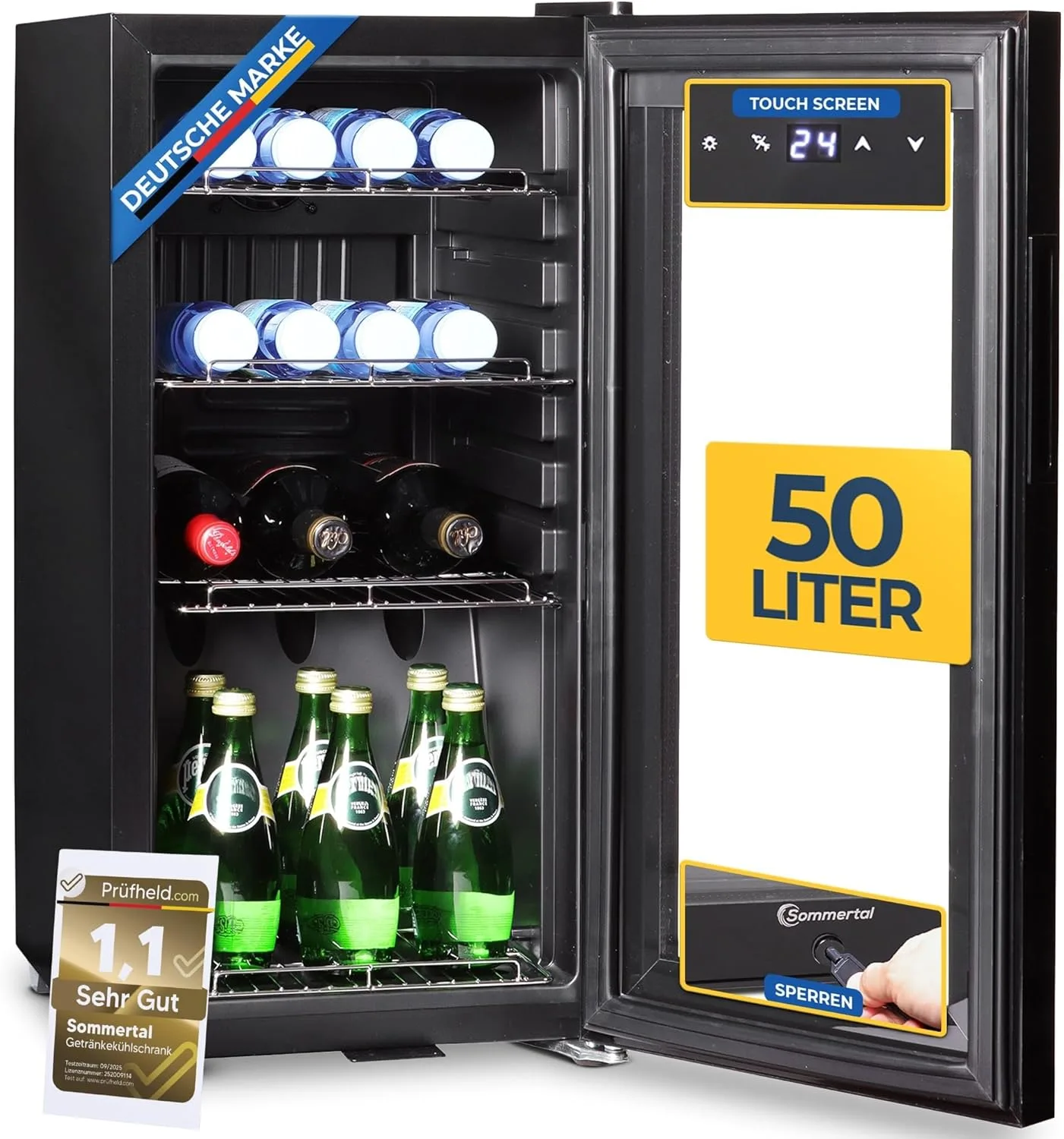 Sommertal Kühlschrank mit Glastür GK50– Leiser Getränkekühlschrank mit LED, Touchscreen & Schloss kleiner Flaschenkühlschrank schwarz 50L