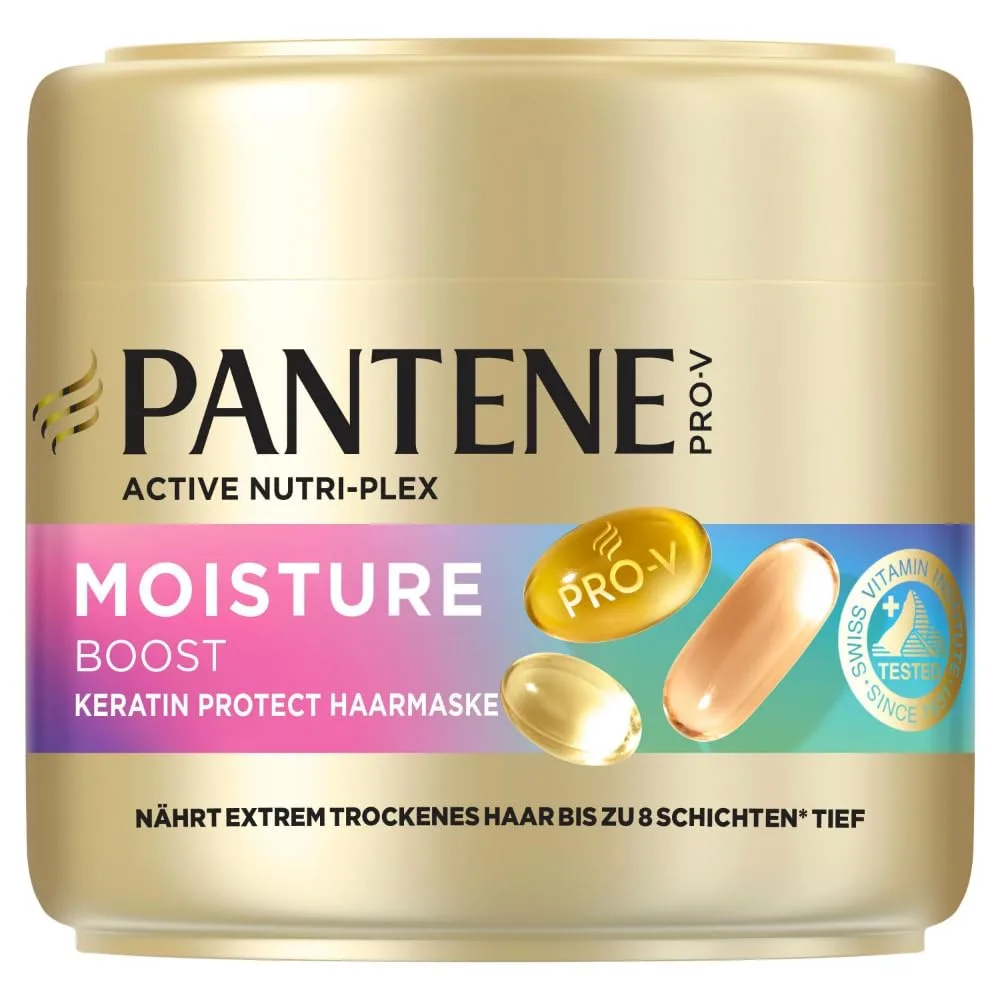 Pantene Pro-V Moisture Boost Keratin Protect Haarmaske 300ml Extrem Trockenes Haar. Nährt bis zu 8 Schichten Tief und Schließt Luftfeuchtigkeit Aus. Pro-V Formel und Active Nutri-Plex-Technologie