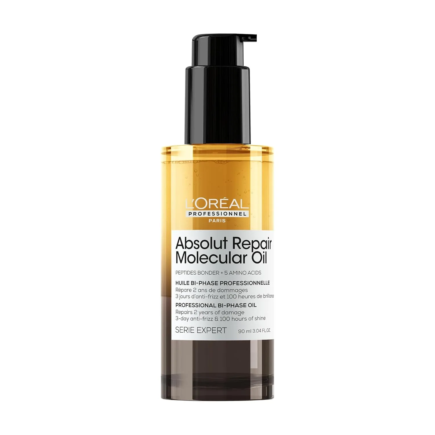 L'Oréal Professionnel Zwei-Phasen Haaröl, Repariert geschädigte Haartypen, Bis zu 100h Glanz, 3 Tage Frizz-Kontrolle, Hitzeschutz bis 230°C, Serie Expert, Absolut Repair Molecular Bi-Phase Oil, 90ml
