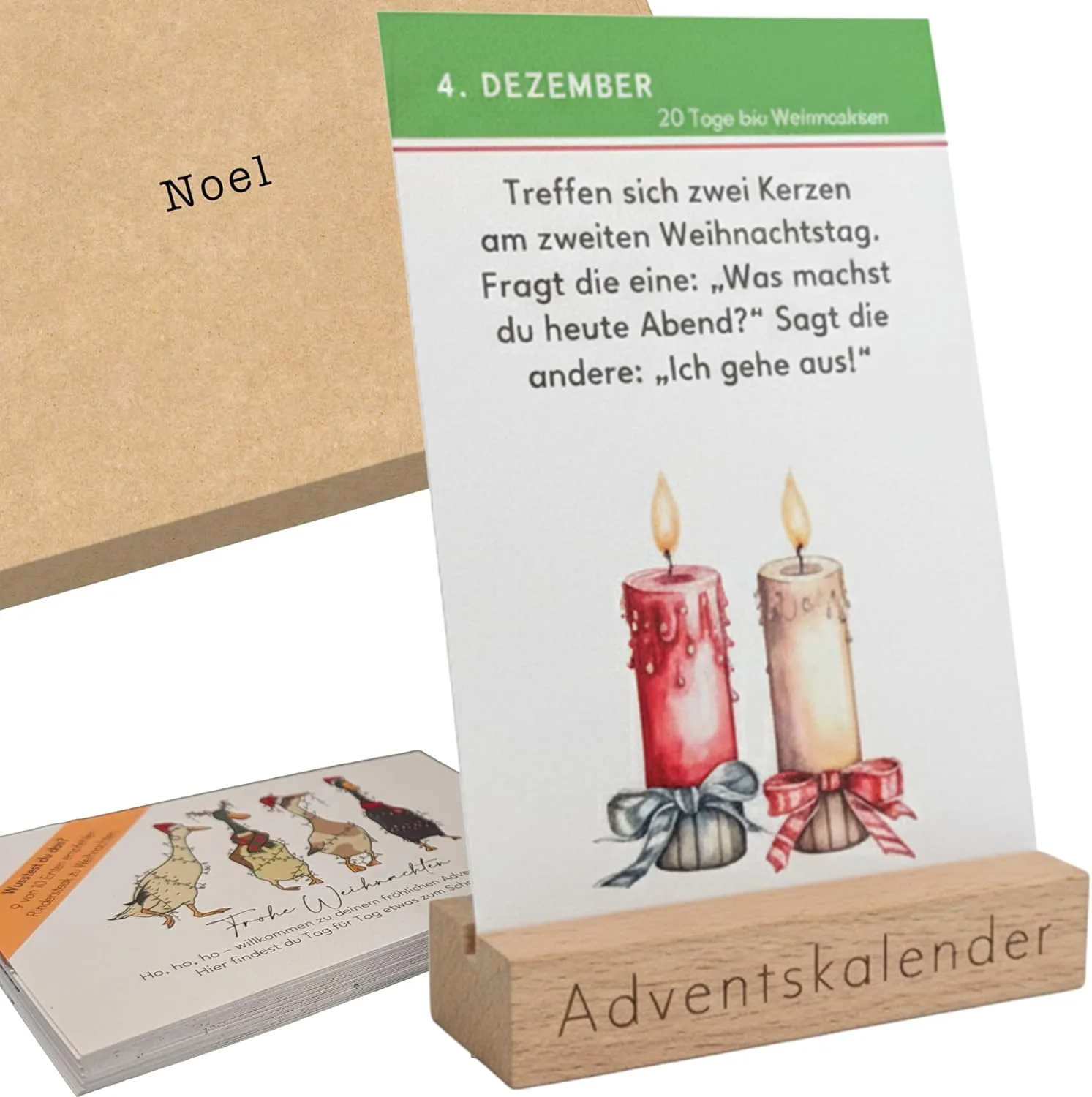 Adventskalender 2025 mit Weihnachtswitzen – 24 Weihnachtswitze auf Karten mit Holzhalter (Weihnachtswitze)