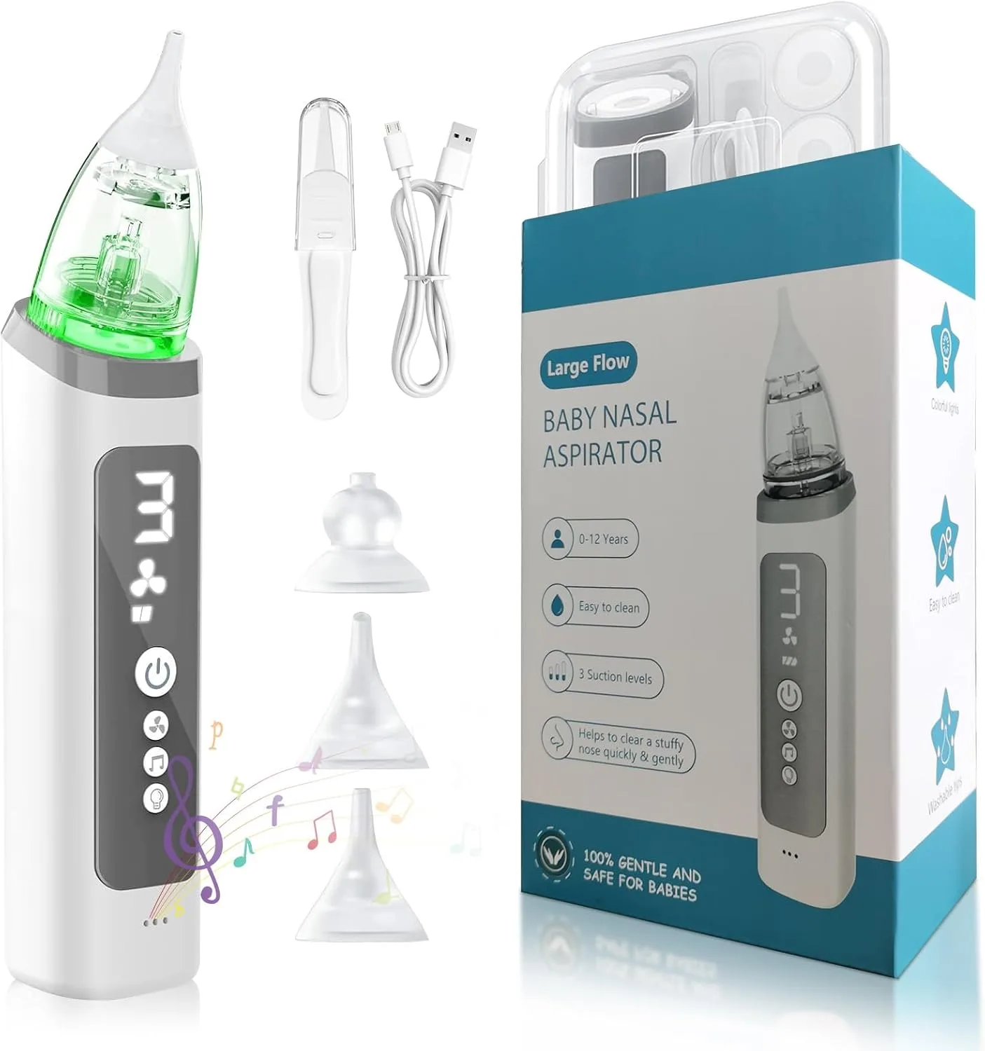 Elektrischer Nasensauger für Babys – Nasensekret Absauger mit 3 Stärken, weichen Silikon-Aufsätzen, beruhigender Musik & LED-Licht – USB-aufladbar, hygienisch & leicht zu reinigen