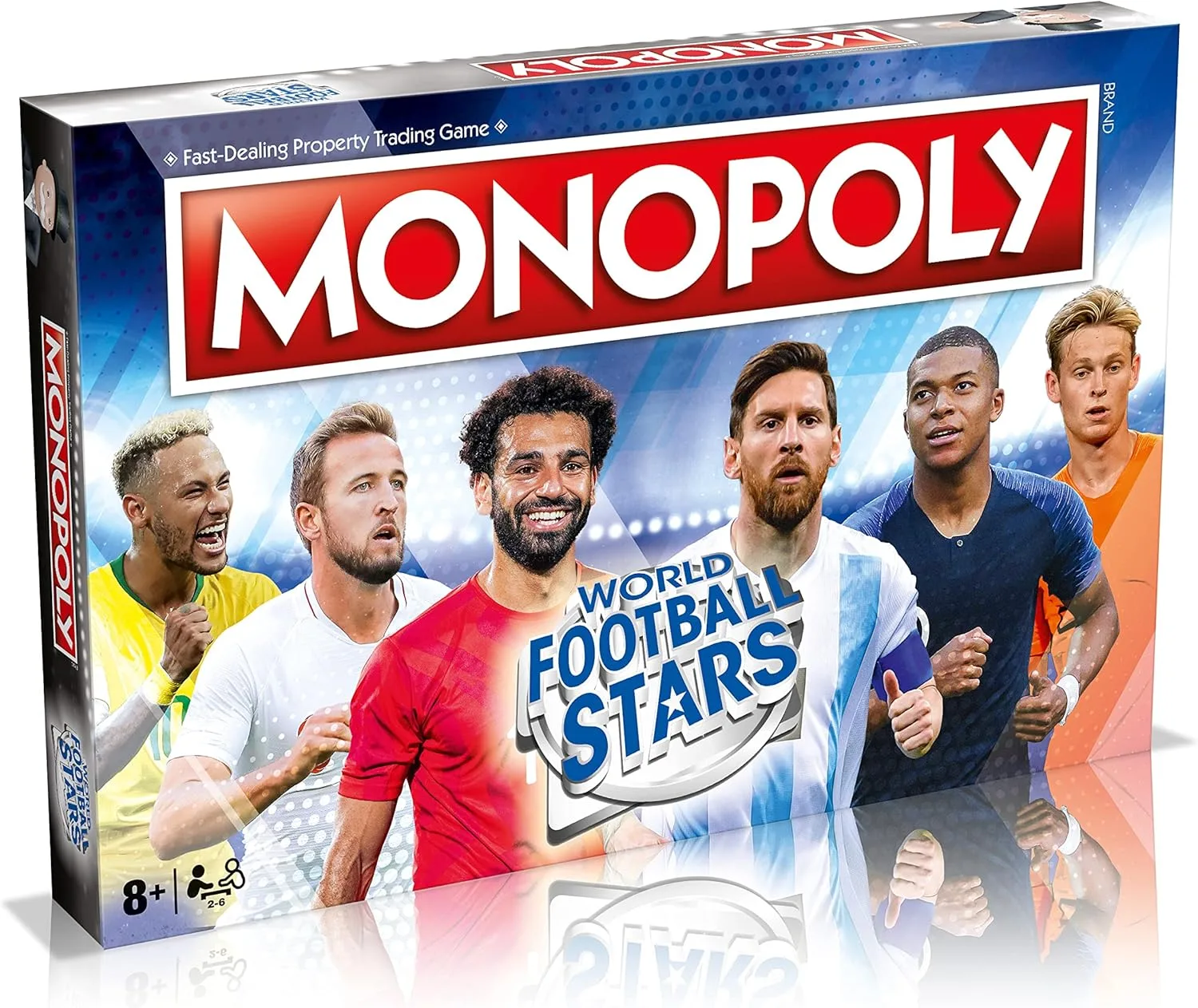Winning Moves World Football Stars Monopoly-Brettspiel, Spiel mit Cristiano Ronaldo, Lionel Messi, Harry Kane und Salah, Geschenk ab 8 Jahren, Blau