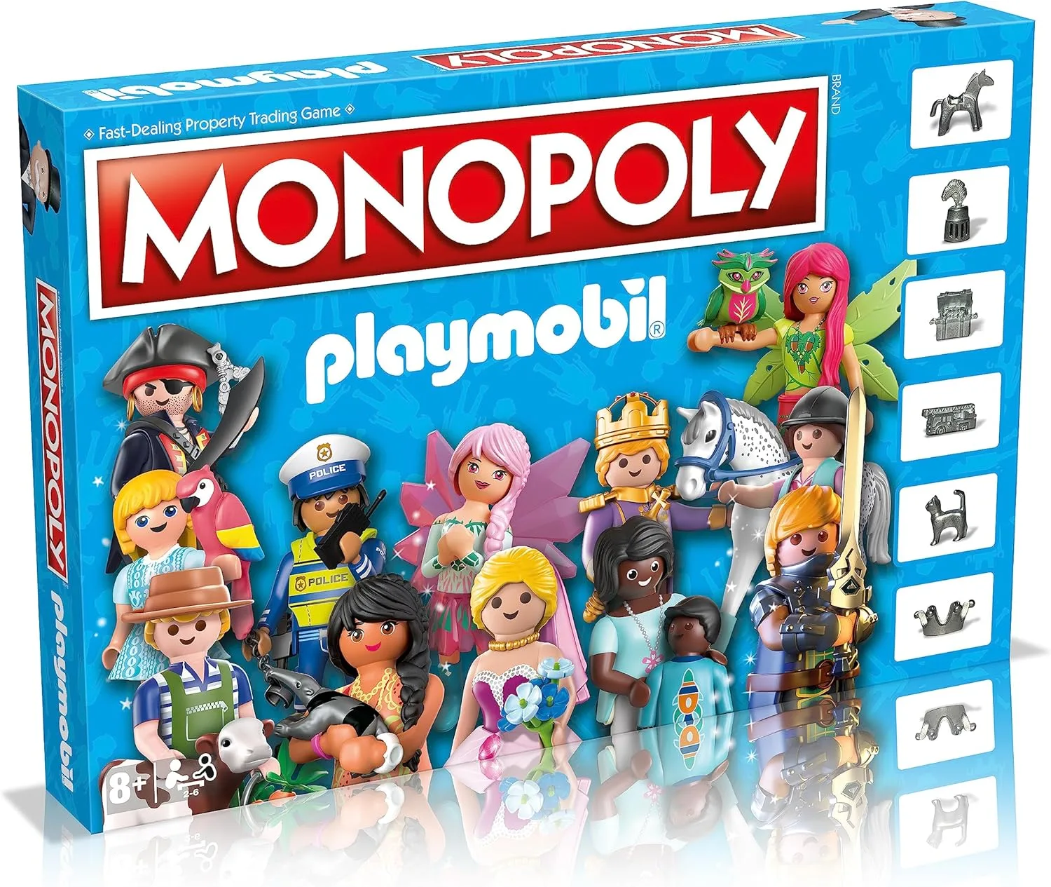 Winning Moves Playmobil Monopol Board Spiel, kaufen ikonische PLAYMOBIL Set von Stable, Police Headquarters zu Prinzessin Castle und Schädel Piratenschiff, tolles Geschenk für Alter von 8 plus