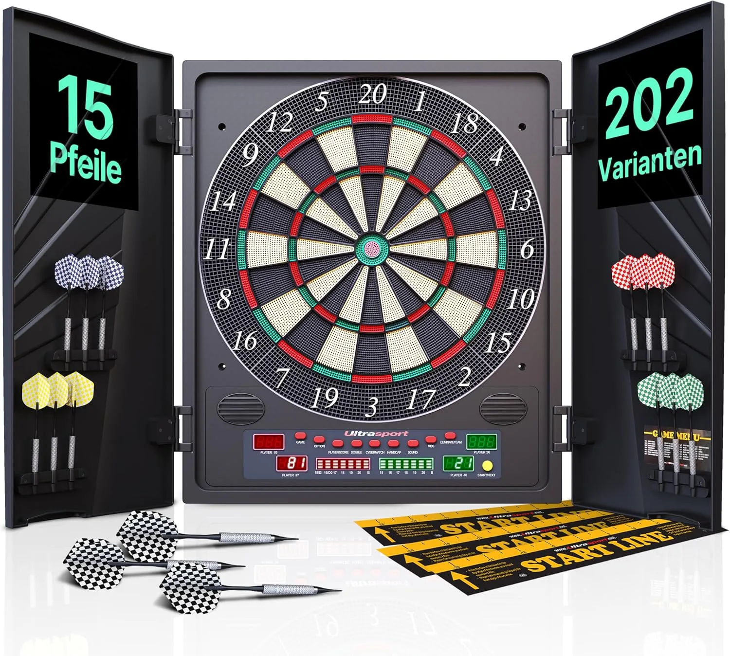 Ultrasport Elektrische Dartscheibe mit oder ohne Türen, Stahldarts mit Kunststoffflügeln für klassisches Dartscheibe, geeignet für Partys und Spieleabende